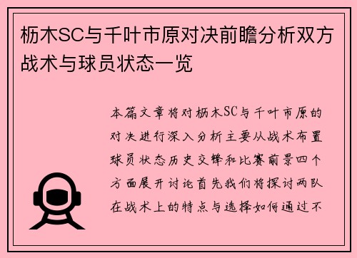 枥木SC与千叶市原对决前瞻分析双方战术与球员状态一览