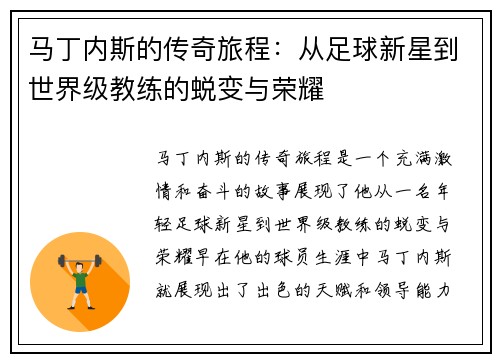 马丁内斯的传奇旅程：从足球新星到世界级教练的蜕变与荣耀