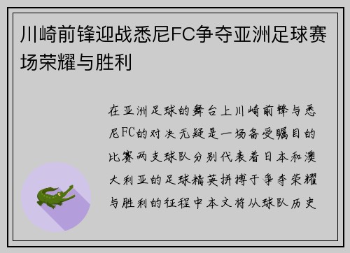 川崎前锋迎战悉尼FC争夺亚洲足球赛场荣耀与胜利