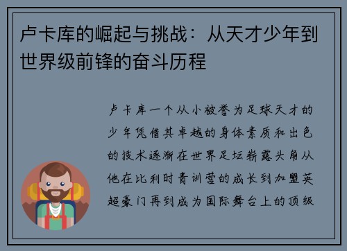 卢卡库的崛起与挑战：从天才少年到世界级前锋的奋斗历程