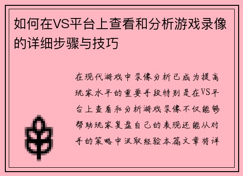 如何在VS平台上查看和分析游戏录像的详细步骤与技巧