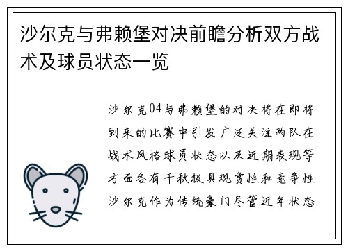 沙尔克与弗赖堡对决前瞻分析双方战术及球员状态一览