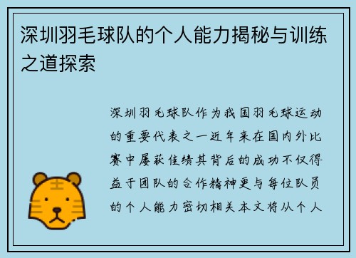 深圳羽毛球队的个人能力揭秘与训练之道探索