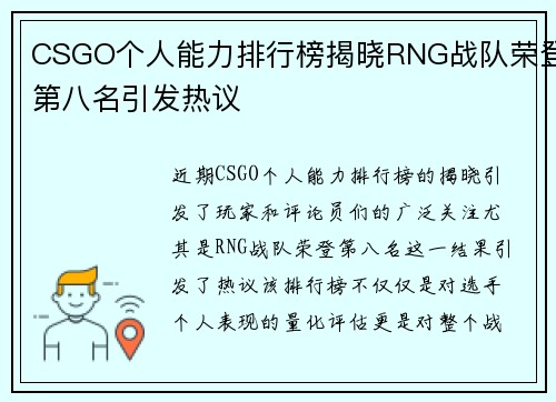 CSGO个人能力排行榜揭晓RNG战队荣登第八名引发热议