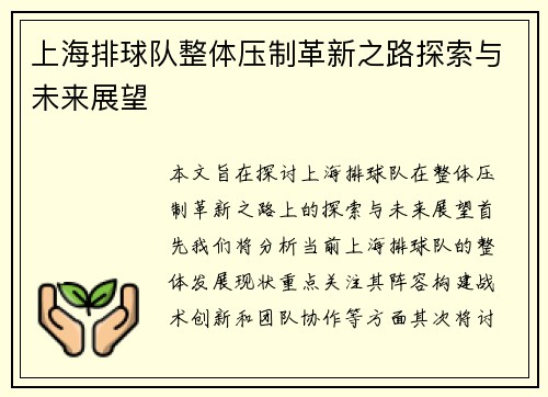 上海排球队整体压制革新之路探索与未来展望