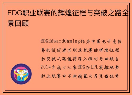 EDG职业联赛的辉煌征程与突破之路全景回顾