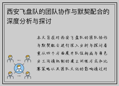西安飞盘队的团队协作与默契配合的深度分析与探讨