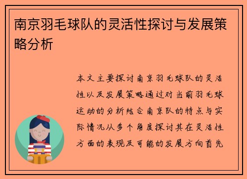 南京羽毛球队的灵活性探讨与发展策略分析