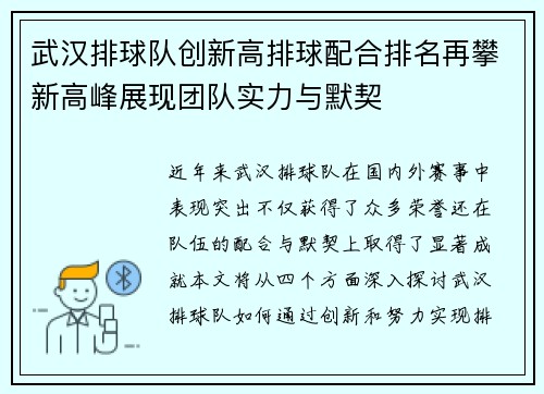 武汉排球队创新高排球配合排名再攀新高峰展现团队实力与默契