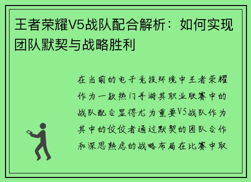 王者荣耀V5战队配合解析：如何实现团队默契与战略胜利