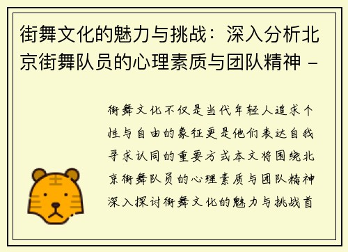 街舞文化的魅力与挑战：深入分析北京街舞队员的心理素质与团队精神 - 副本