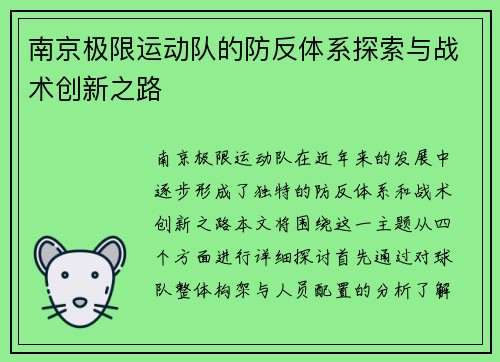南京极限运动队的防反体系探索与战术创新之路